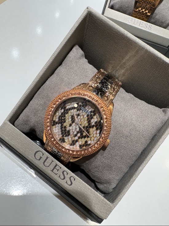 Guess Rose Gold and Black Snake-Print Crystal Watch